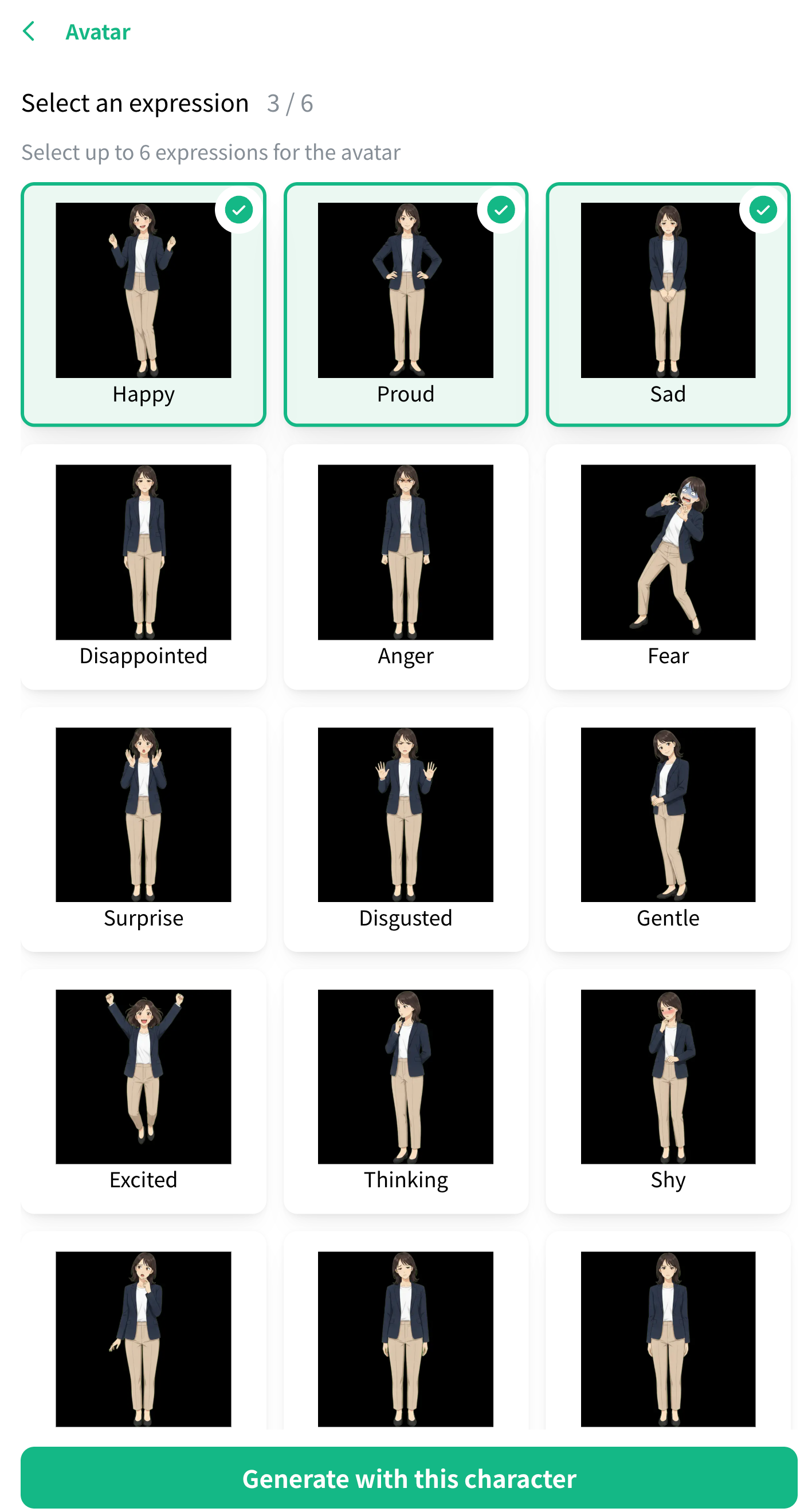 Choose up to six expressions to use