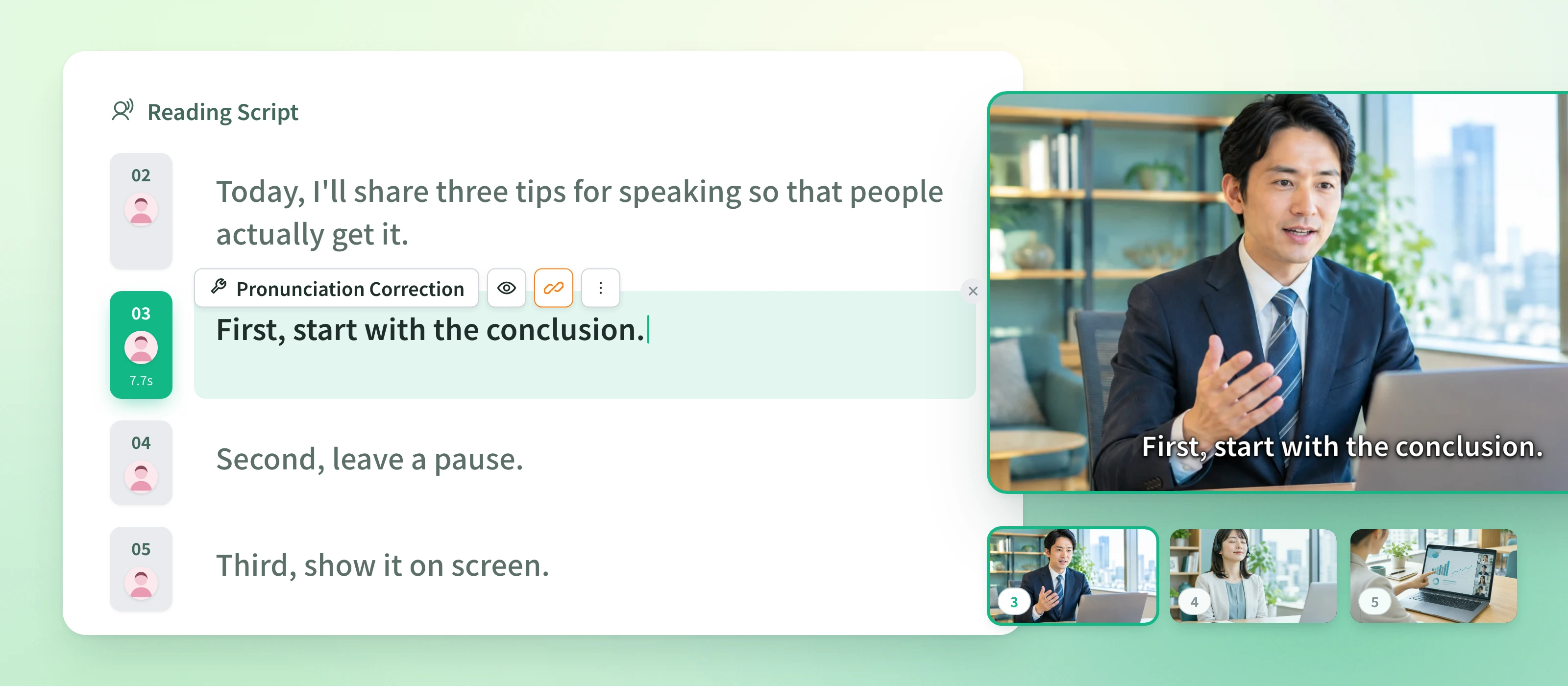NoLang editor's Reading Script: each sentence of the script becomes a scene, and the selected sentence matches the scene preview with the same subtitle and the scene list