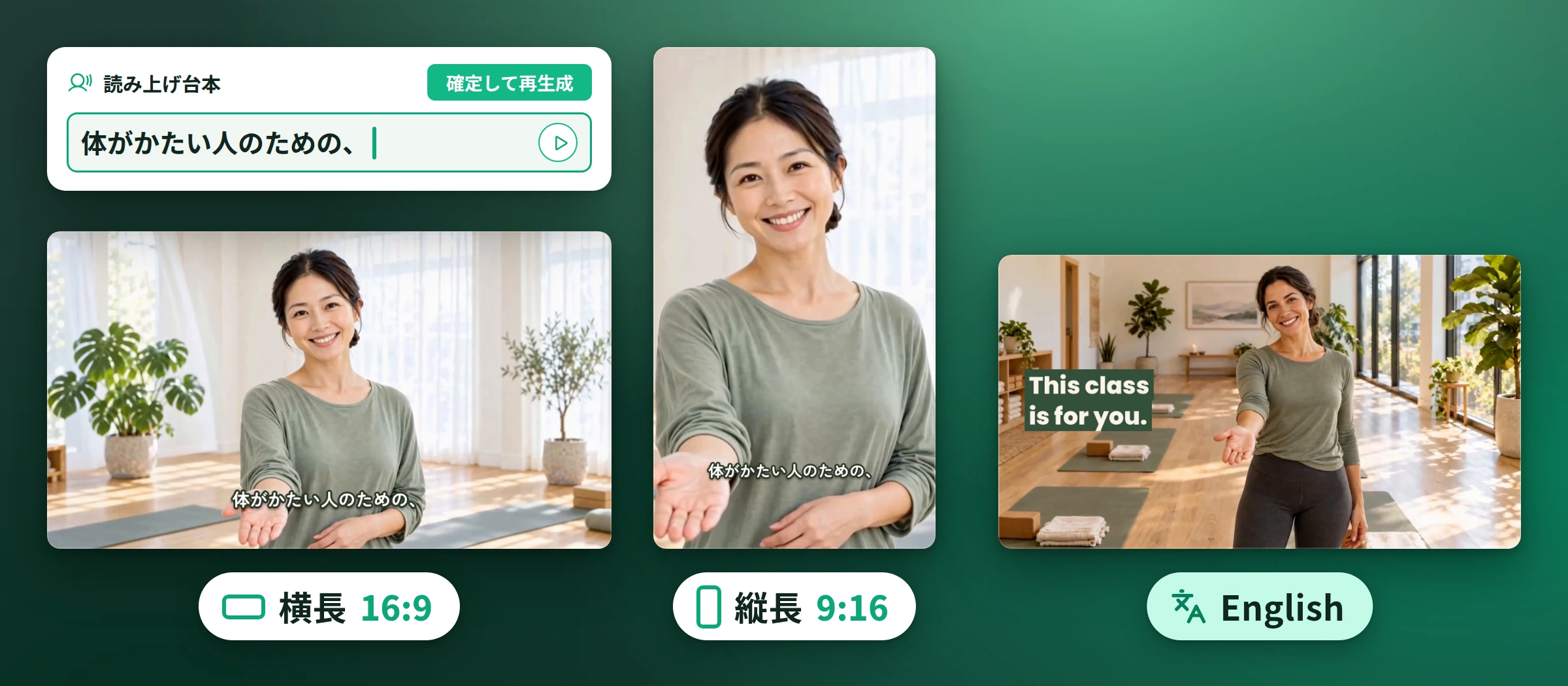 NoLangで作ったヨガ教室の告知動画。日本語版の同じ場面を横長（16:9）と縦長（9:16）で並べ、どちらにも字幕「体がかたい人のための、」が出ている。英語で作った版には「This class is for you.」の字幕。左上は、読み上げ台本を直して「確定して再生成」する編集欄
