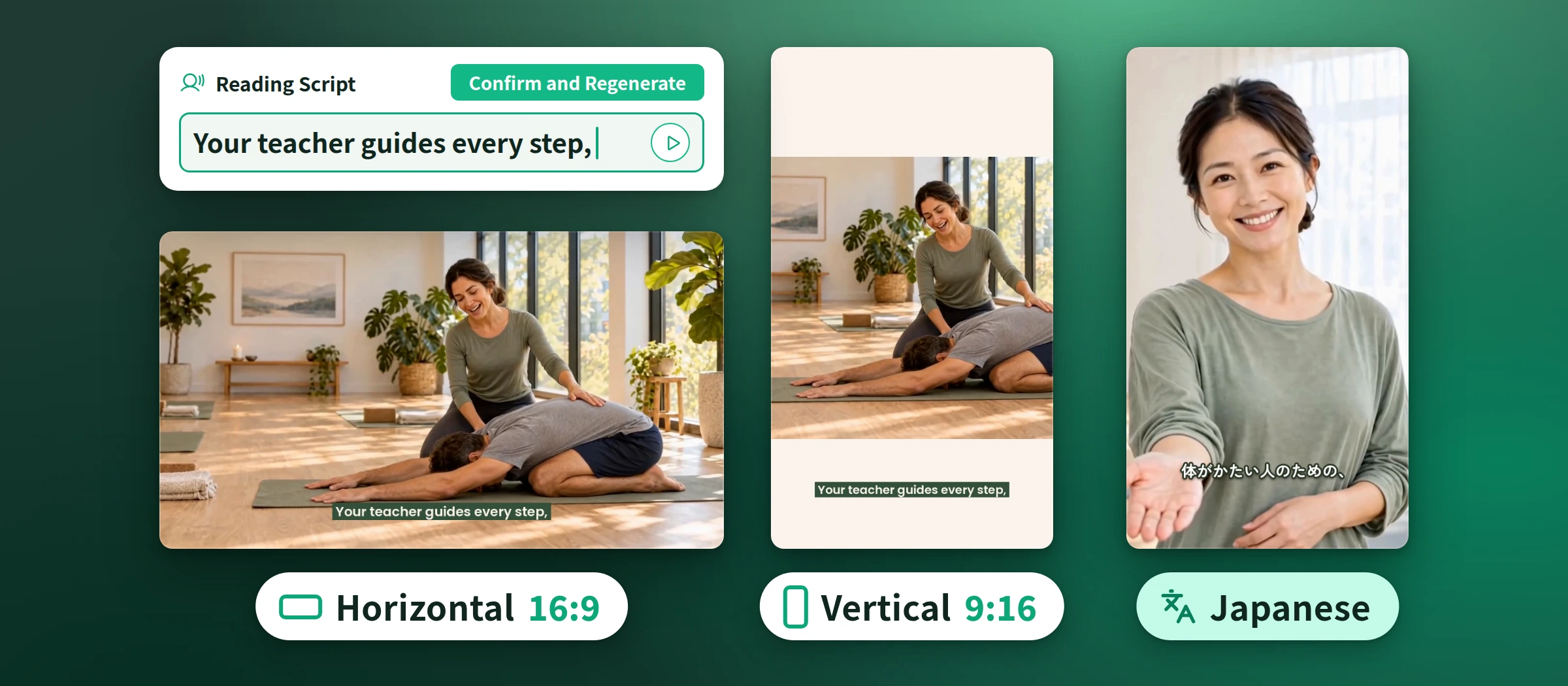 Yoga class announcement videos made with NoLang: the same English scene in horizontal (16:9) and vertical (9:16) formats, both with the subtitle "Your teacher guides every step,", next to a version made in Japanese with Japanese subtitles. At top left, an editor panel for revising the reading script and choosing Confirm and Regenerate.