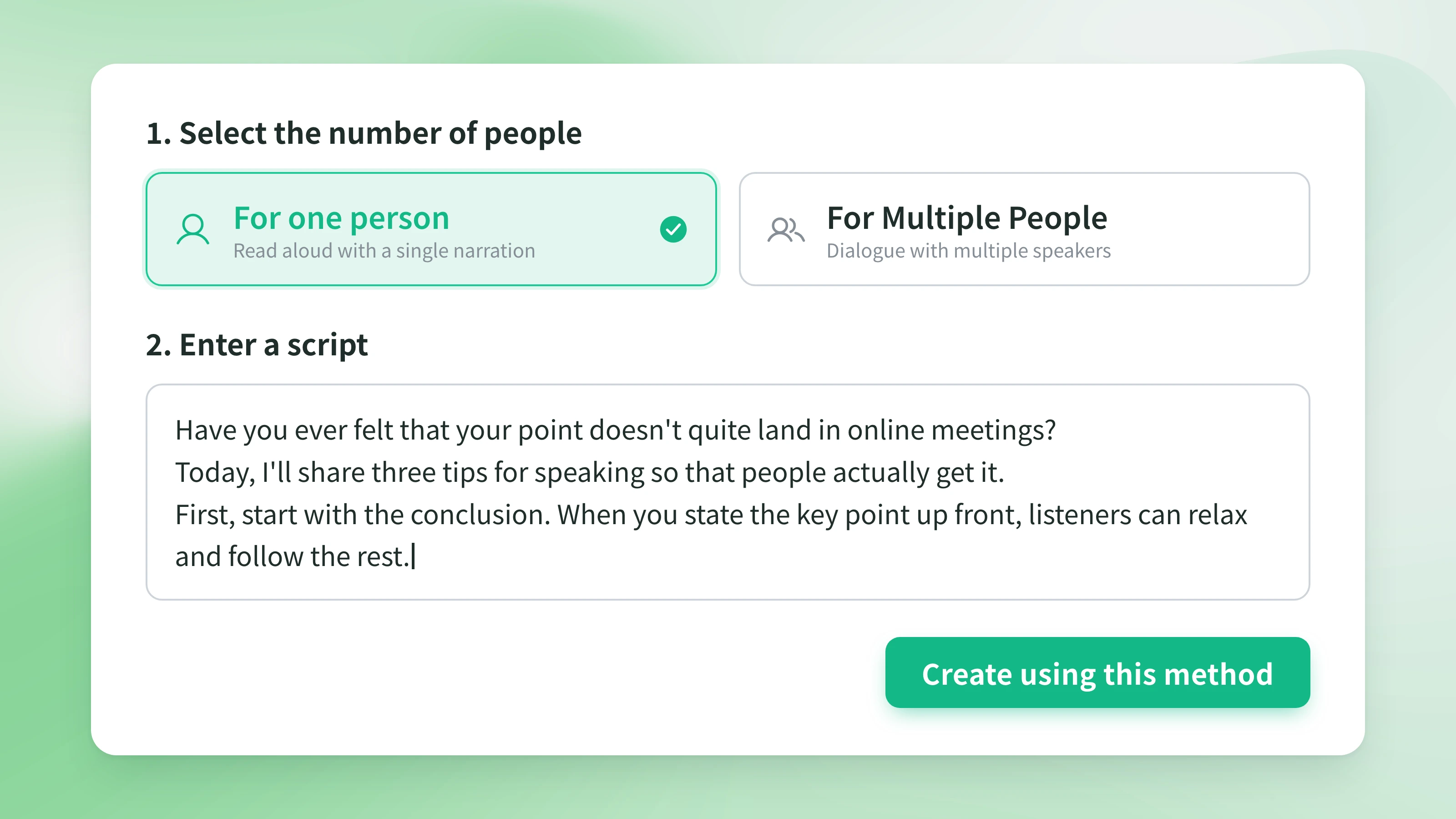 NoLang's "Create from script" pane: choose "For one person" under "1. Select the number of people", paste your script under "2. Enter a script", and press "Create using this method"