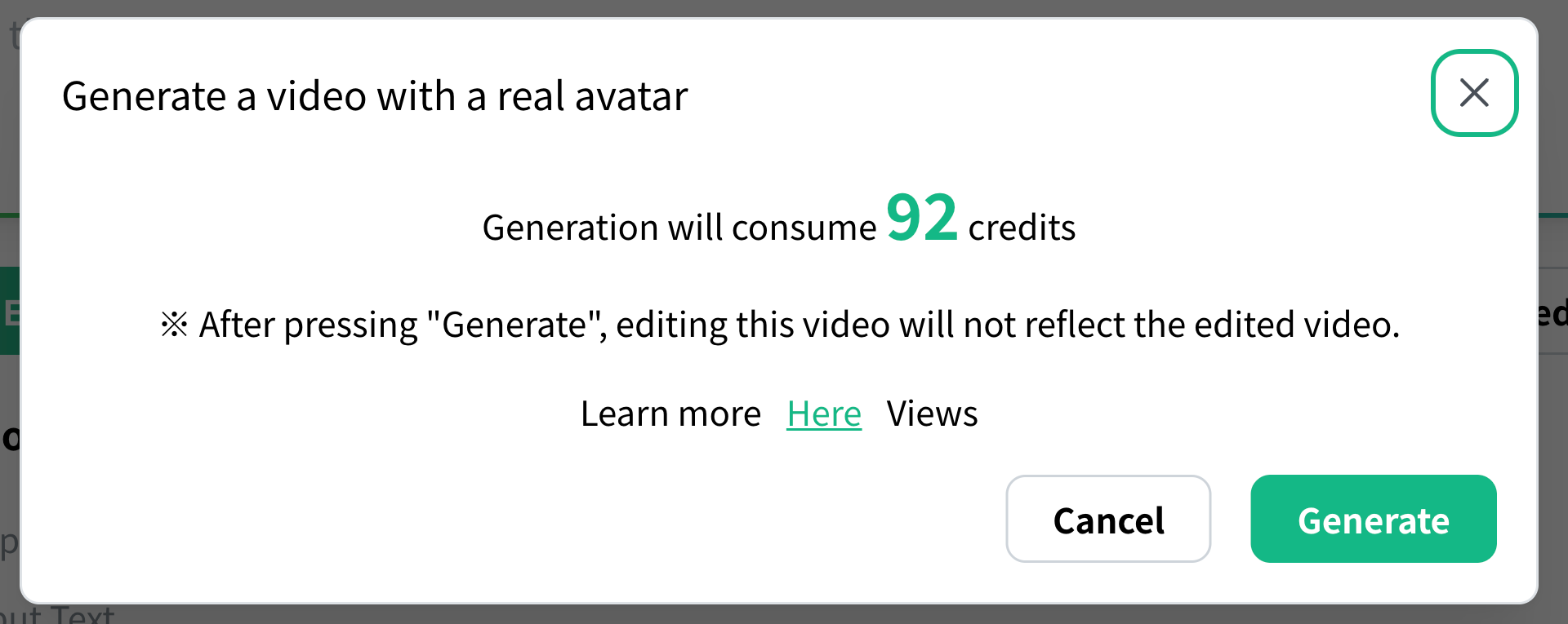 The confirmation screen before starting animation generation for a real avatar