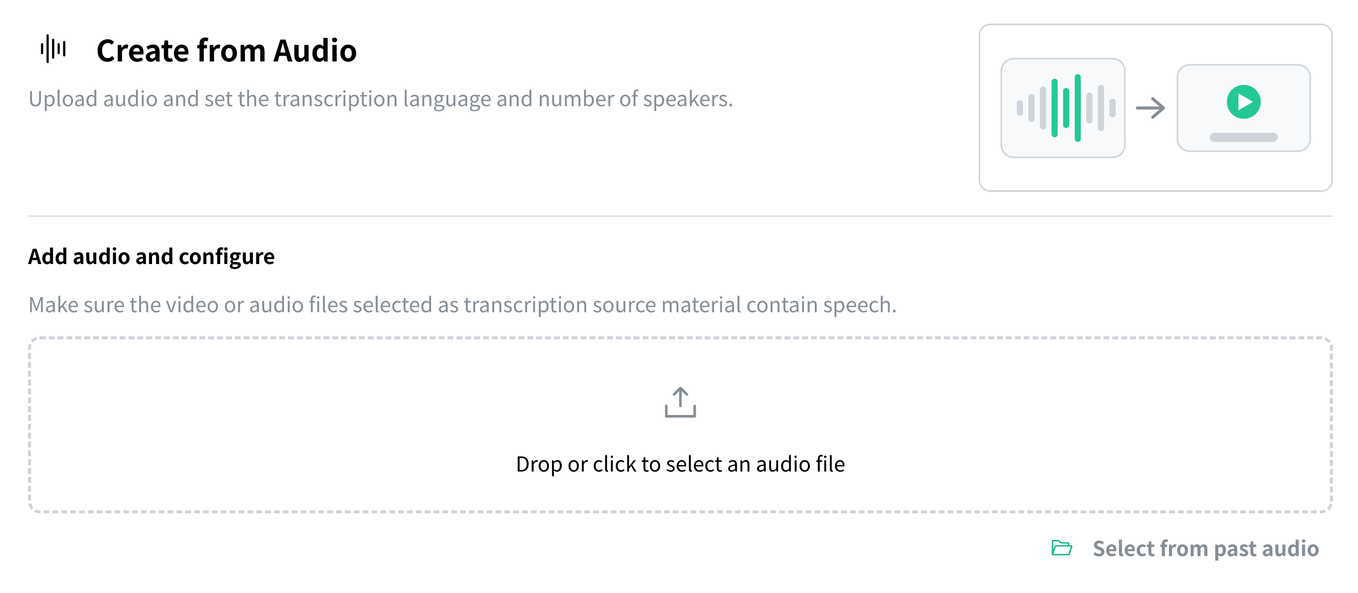 The "Create from audio" screen. Upload an audio file and set the transcription language and the number of speakers