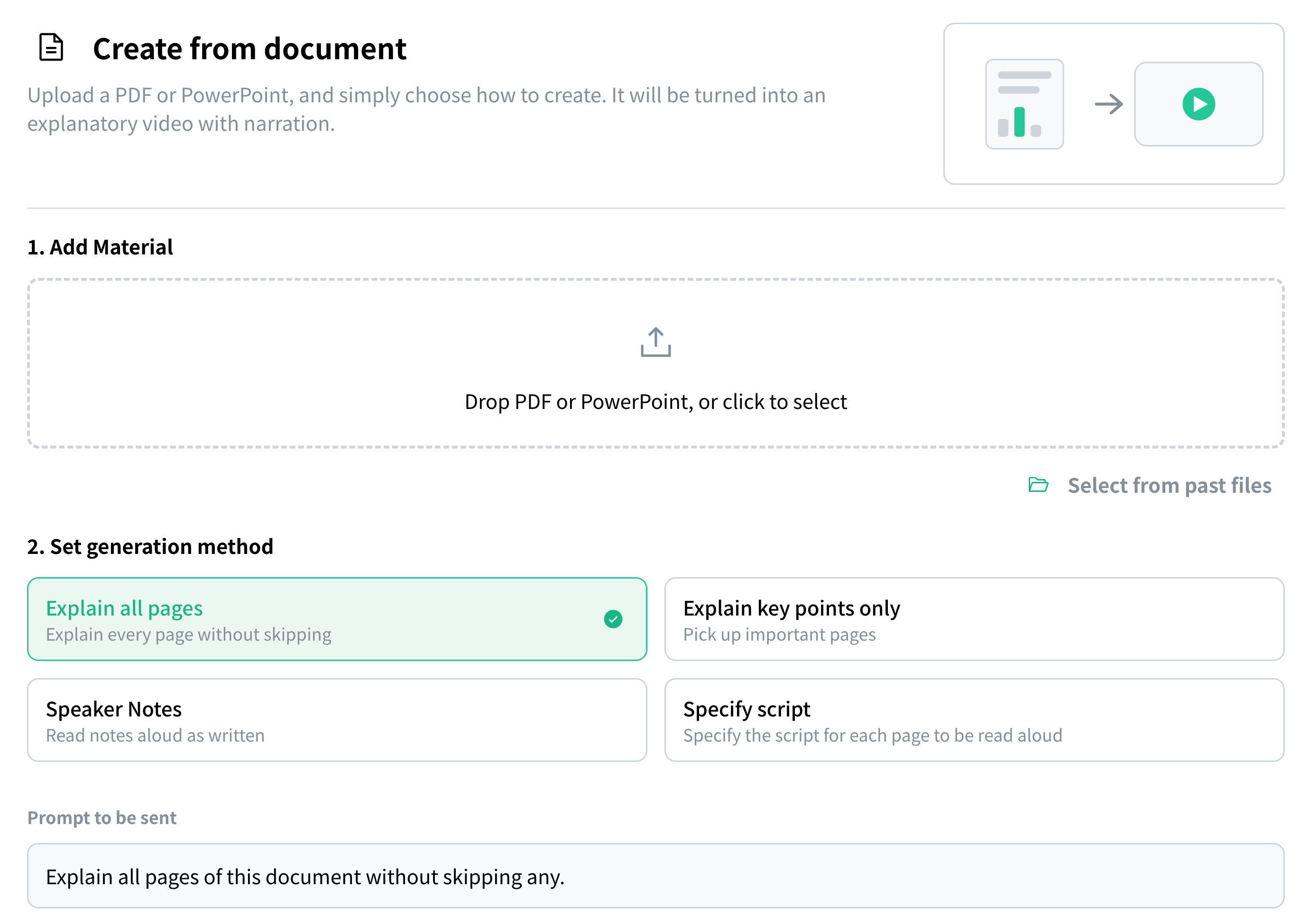 The "Create from documents" screen. Upload a document and choose Explain every page or Explain key points only
