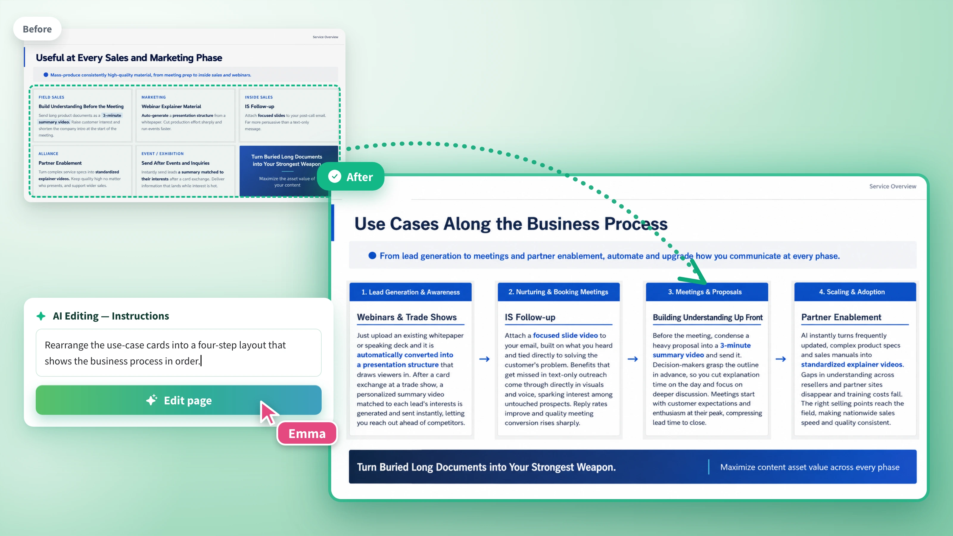 The AI editing panel, with a page selected and an editing instruction being entered