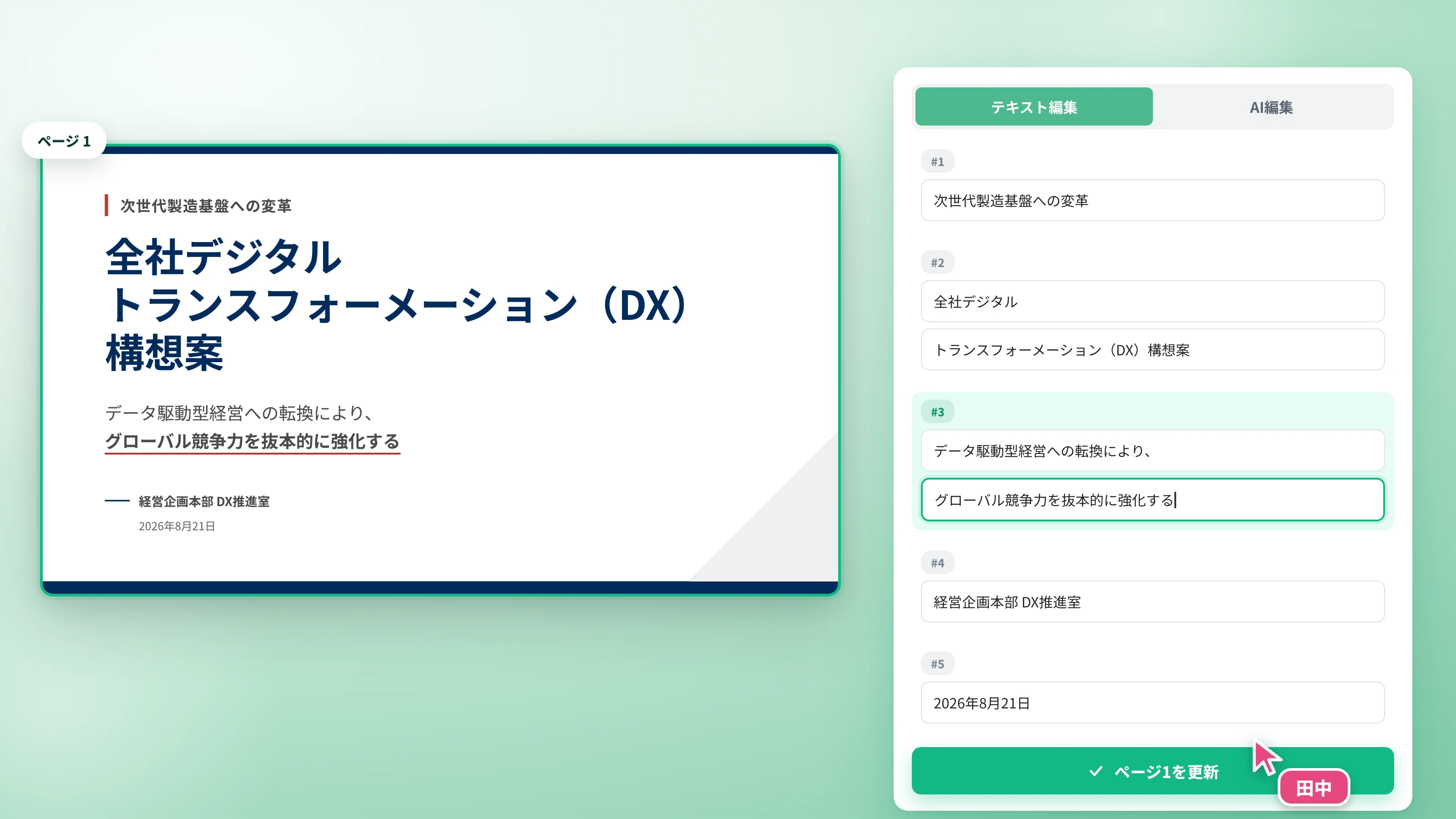 テキスト編集タブでページ内の文章を直接編集している画面