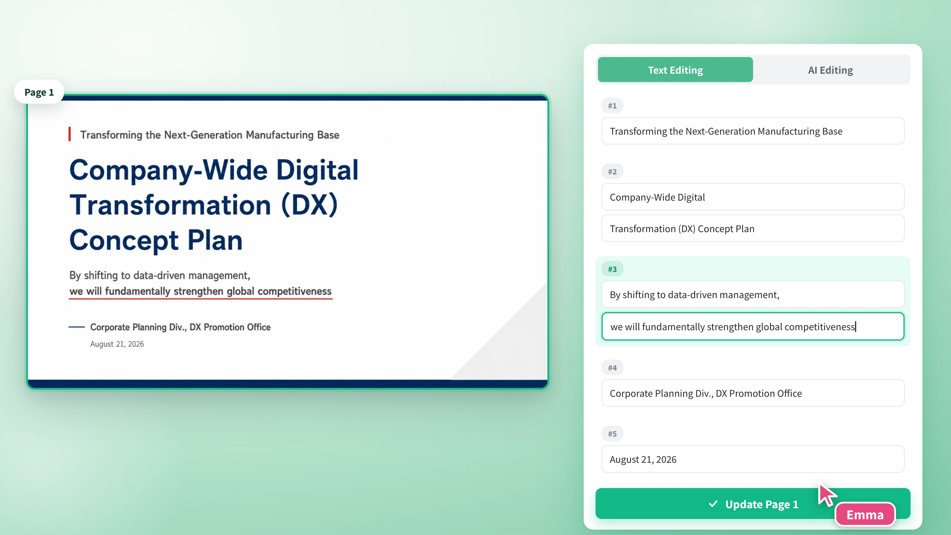 Screen showing text on a page being edited directly in the text editing tab