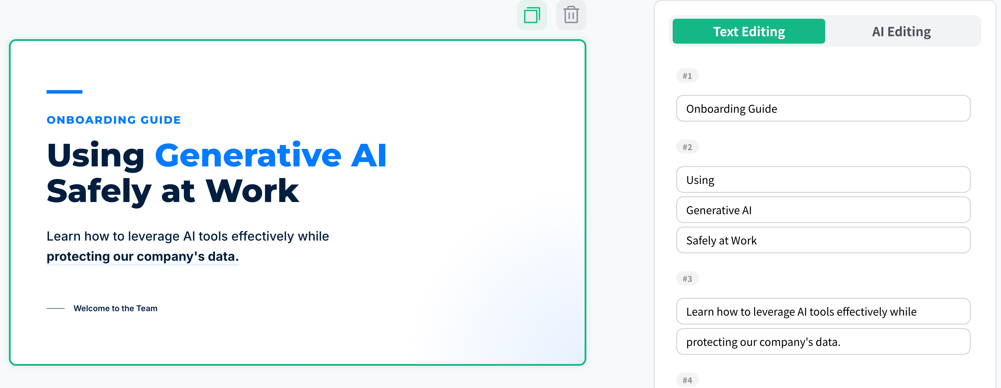 Tutorial screen for the editing features (changing the design with AI)
