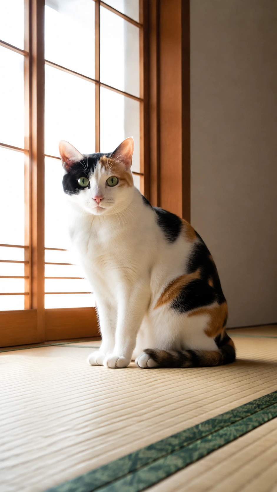 窓辺の畳に座る三毛猫の入力写真