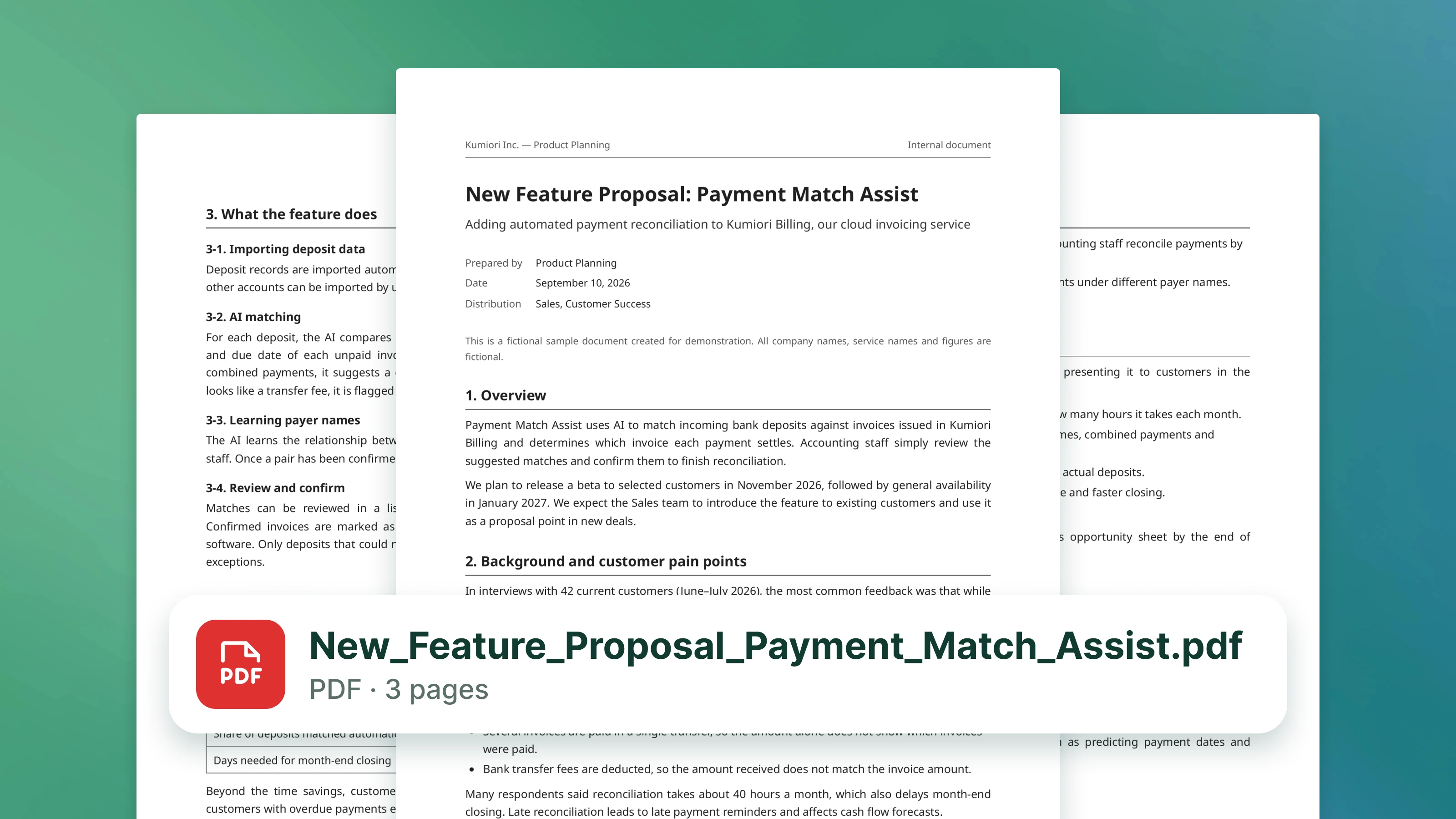 The 3-page new-feature proposal PDF used as input, with its file name