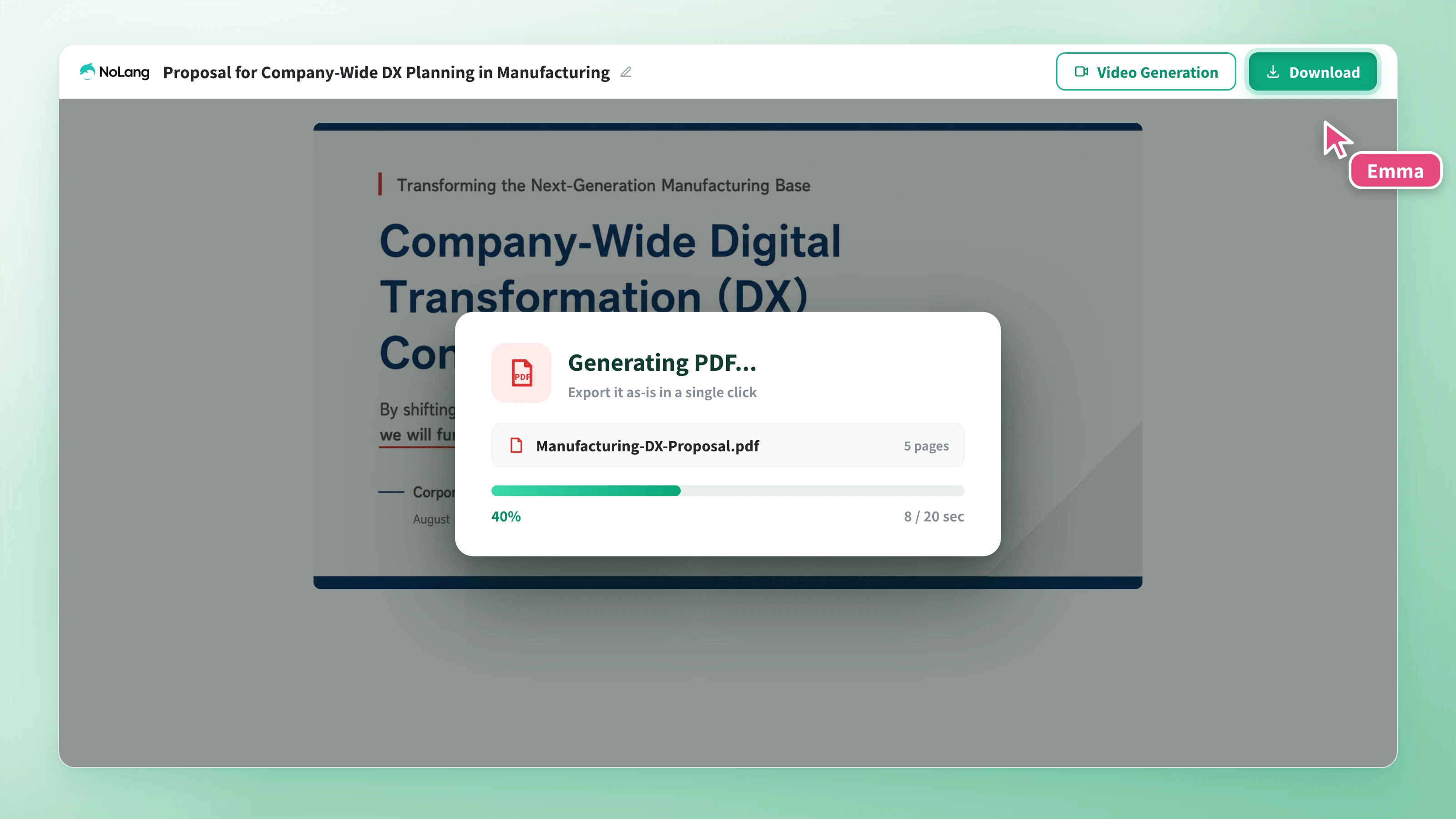 Download button in the editing screen and the PDF export progress indicator