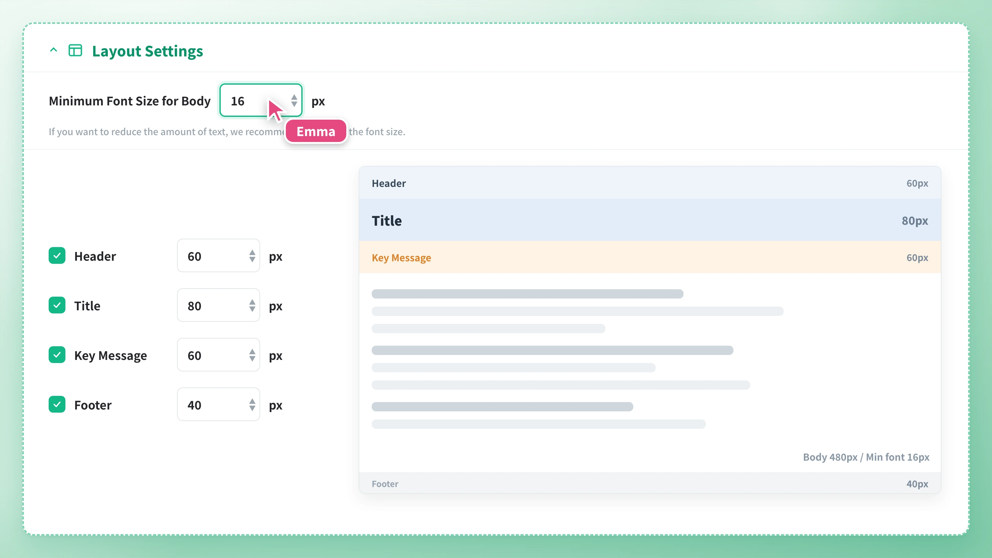Layout settings UI (visibility toggles, heights, minimum body text size, and live preview)
