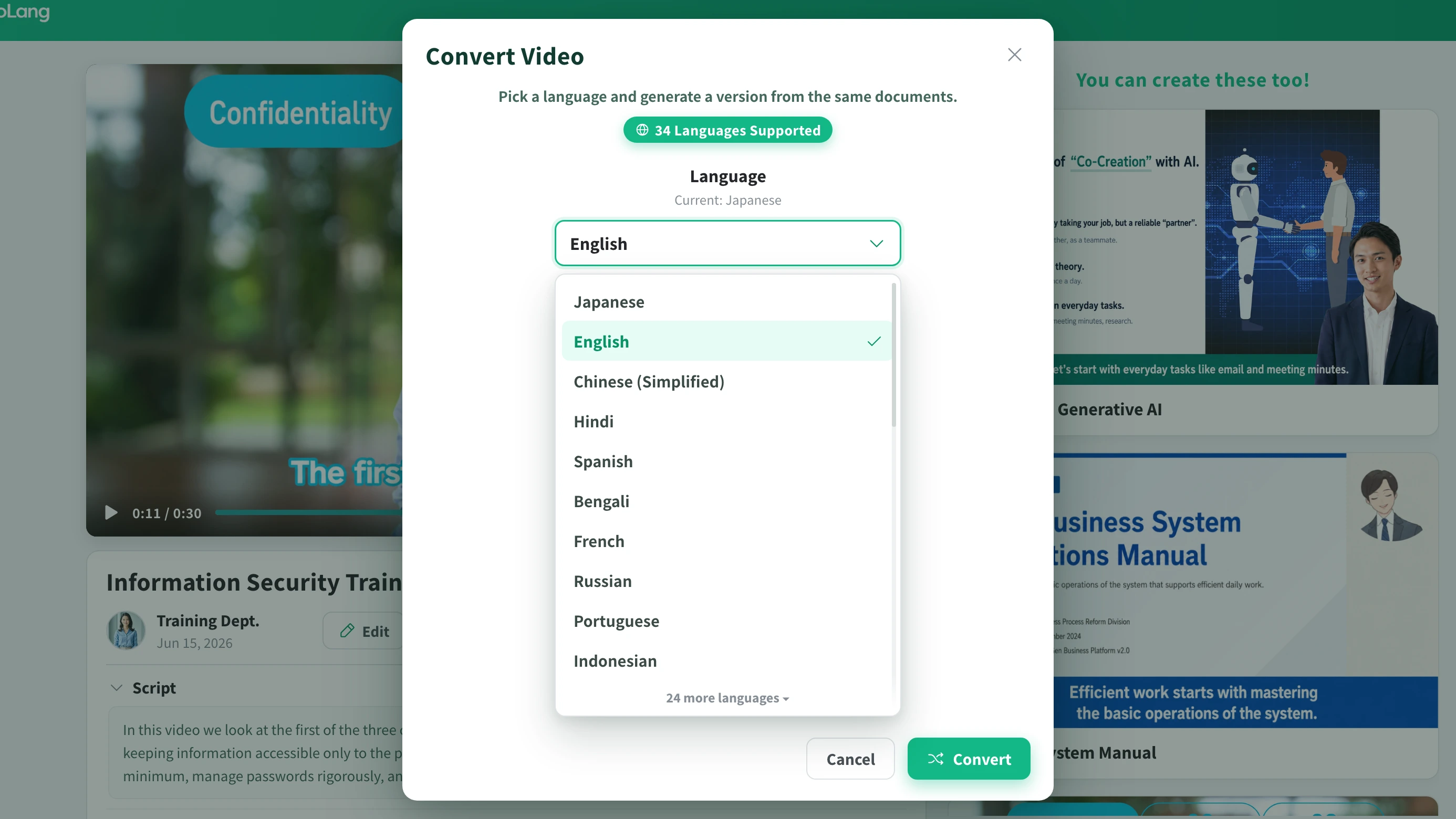 Selecting the output language in NoLang (34 languages supported)