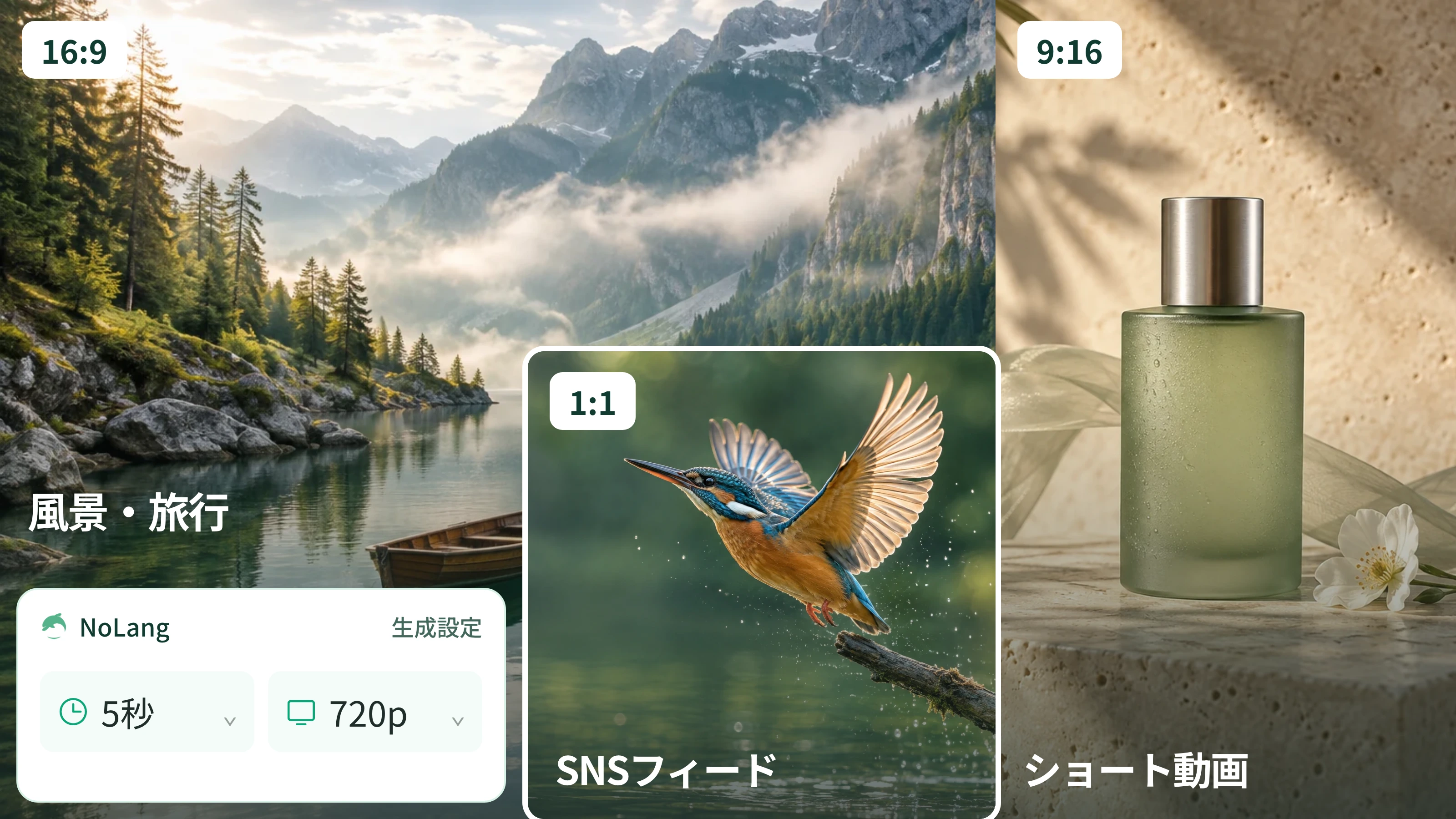 動画の活用イメージ。風景を横型16:9、商品を縦型9:16、生きものを正方形1:1で配置し、長さ・解像度の設定を添えています。