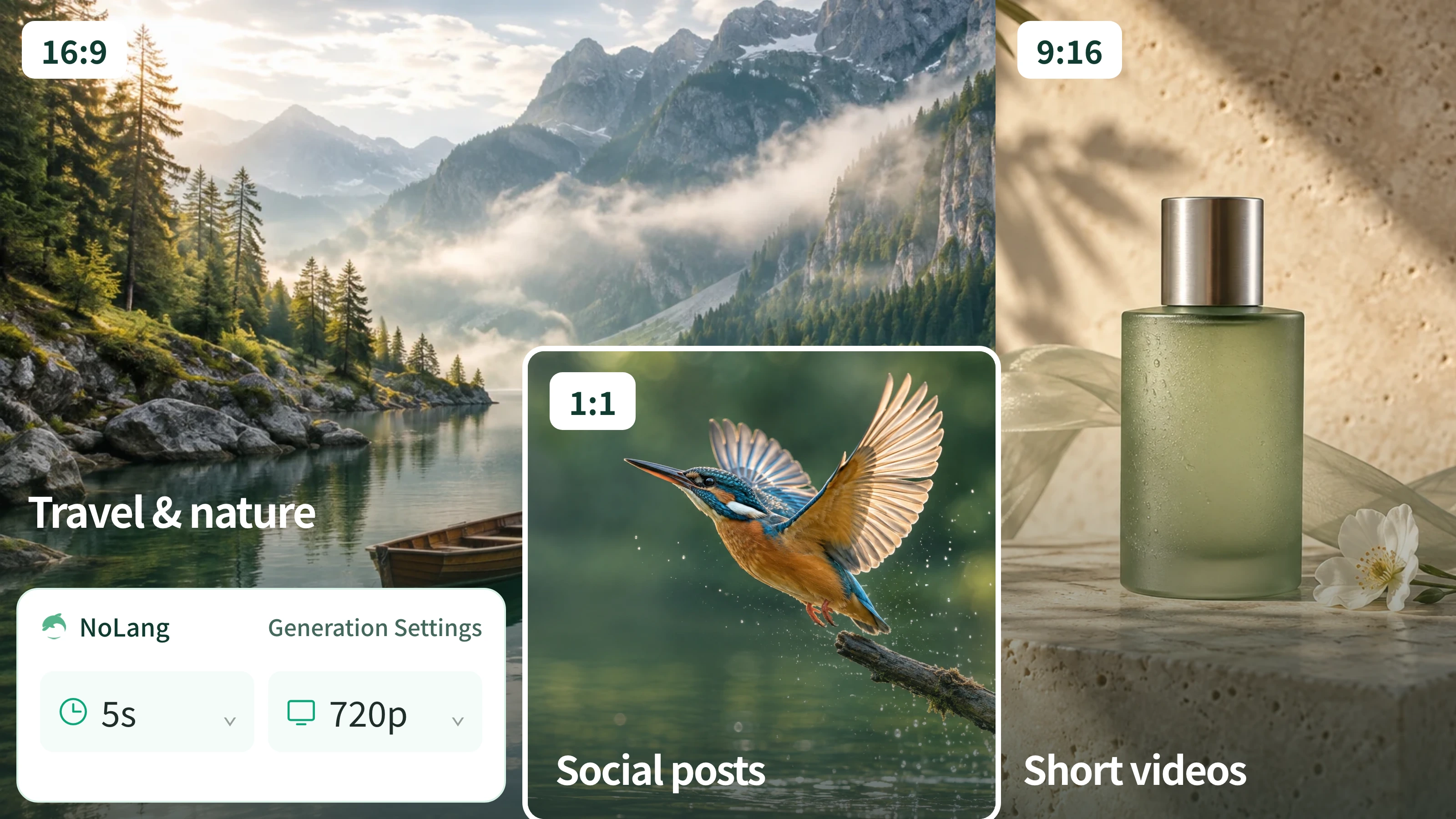 Ideas for different formats: a landscape in 16:9, a product in 9:16 and wildlife in 1:1, with duration and resolution settings.