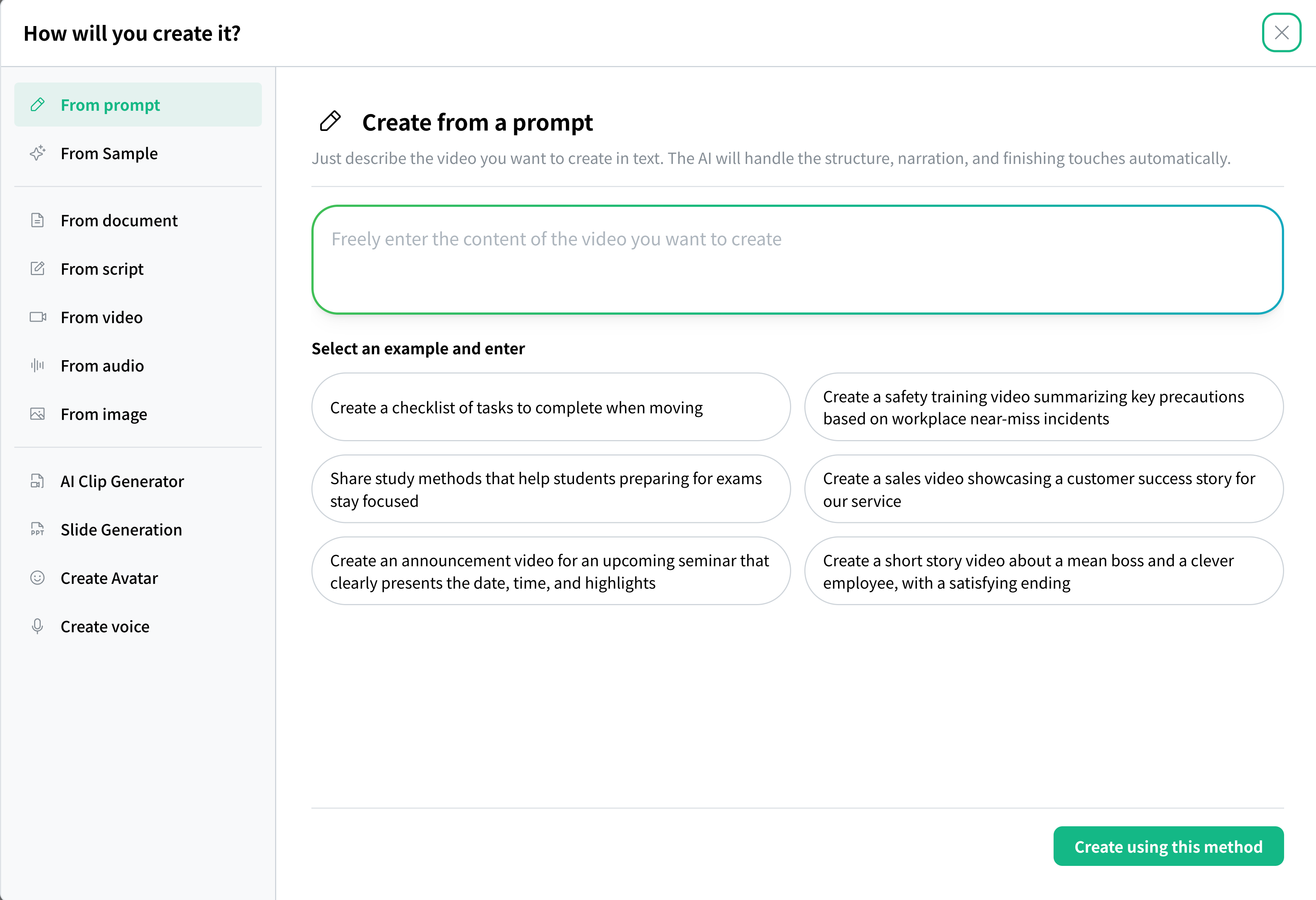The "How would you like to create it?" modal. It lists generation methods such as from a prompt, from a sample, from documents, from a script, from a video, from audio, and from an image