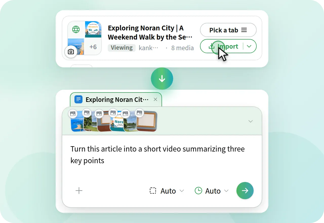 Clicking "Import" adds the page text and 6 photos to the input field