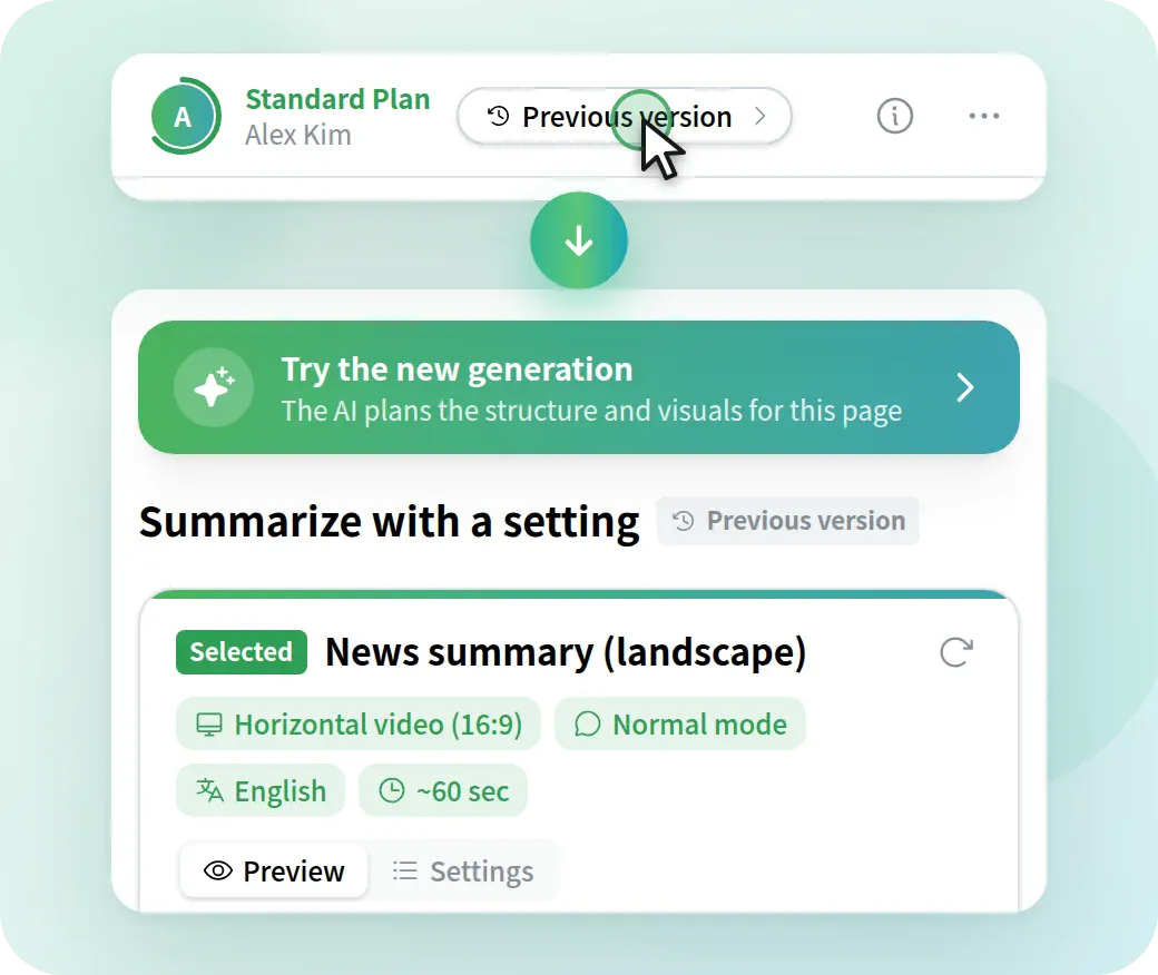 Clicking "Previous version" in the header switches to the screen for selecting video settings
