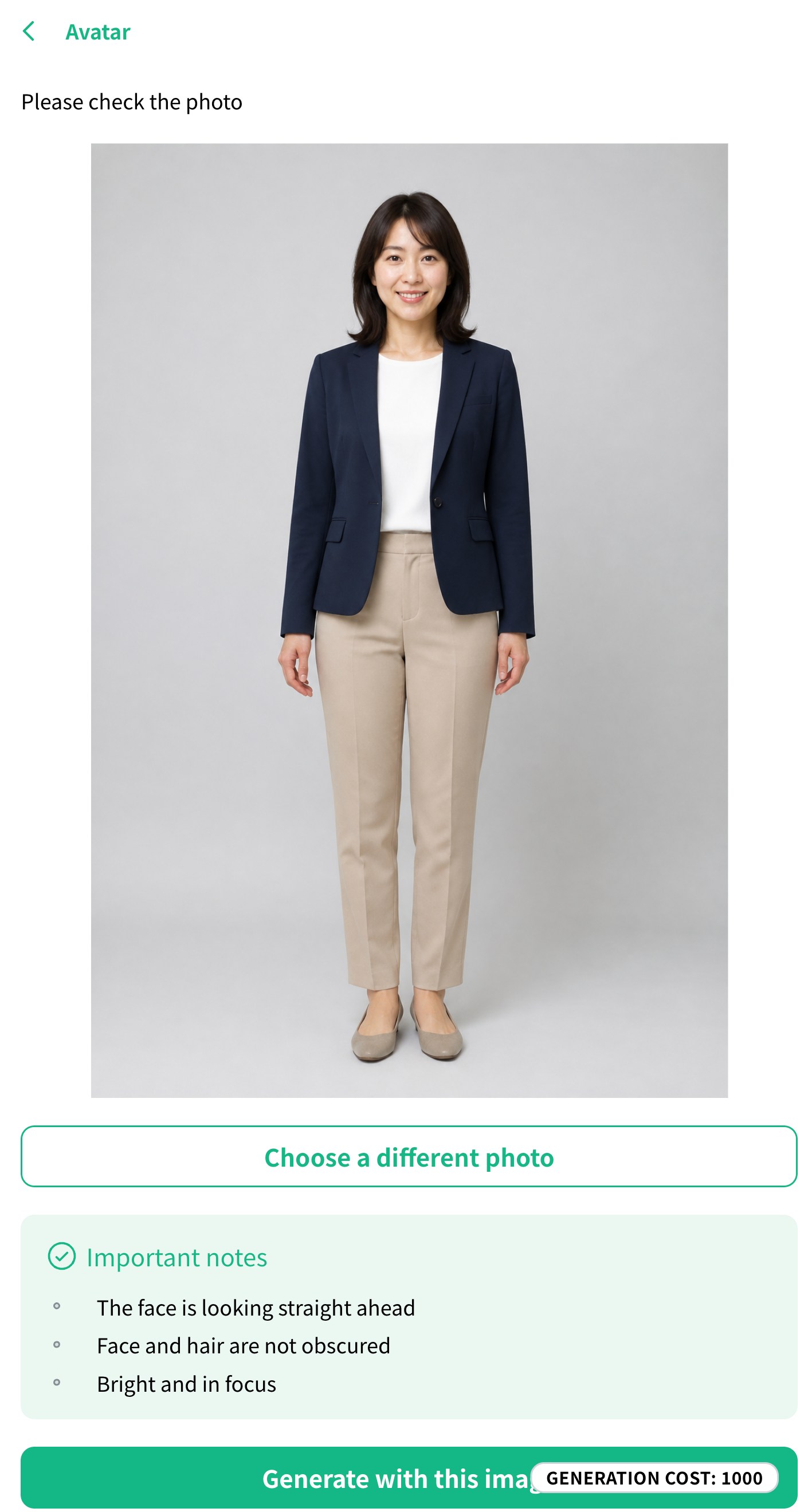 The screen for checking the photo and generating a character