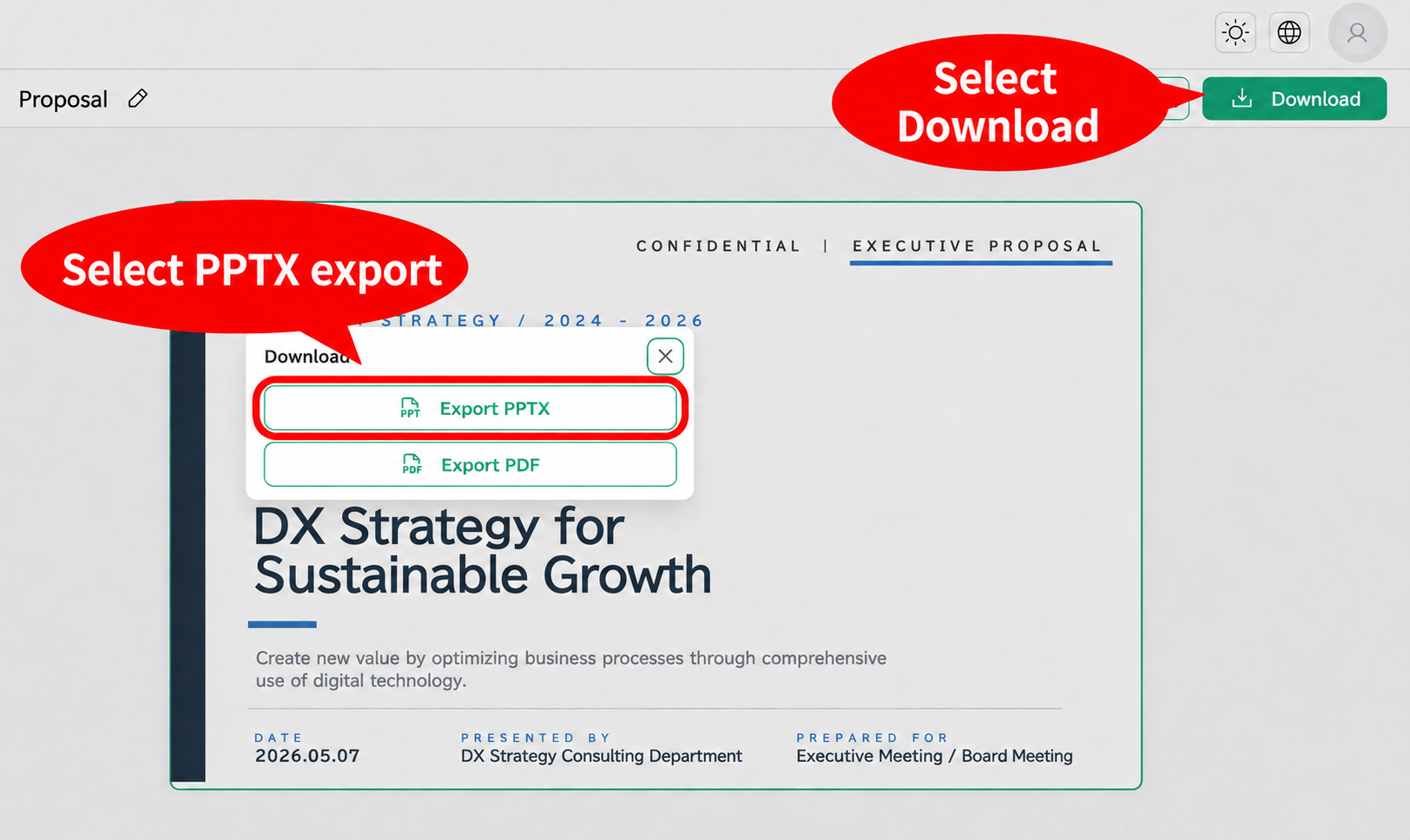 The screen for choosing PPTX export