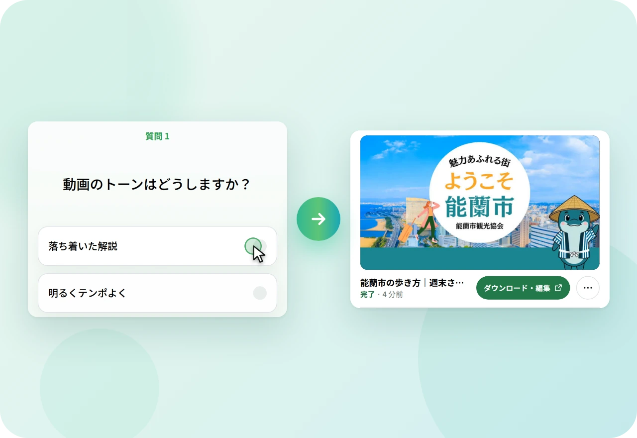 AI の質問「動画のトーンはどうしますか？」に答えると、完成した動画がパネルに並ぶ