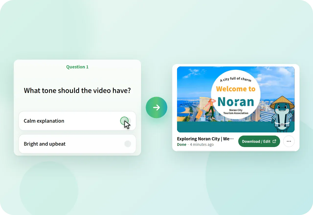 Answer the AI's question "What tone should the video have?" and the finished video appears in the panel
