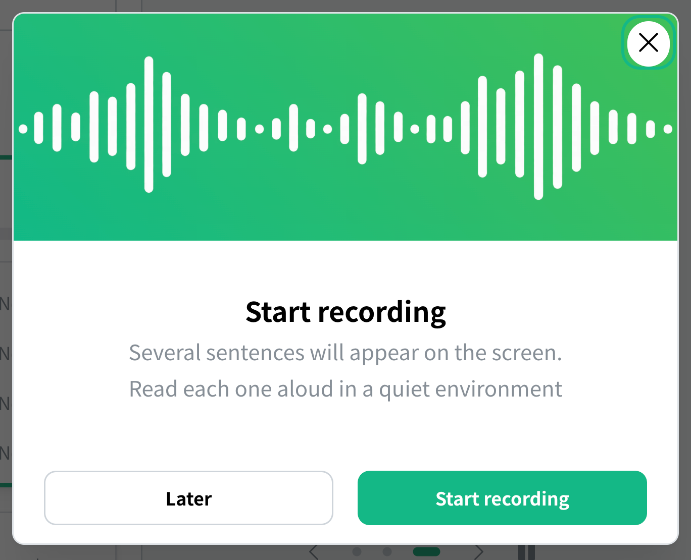 The screen for choosing between recording and uploading audio to create a voice