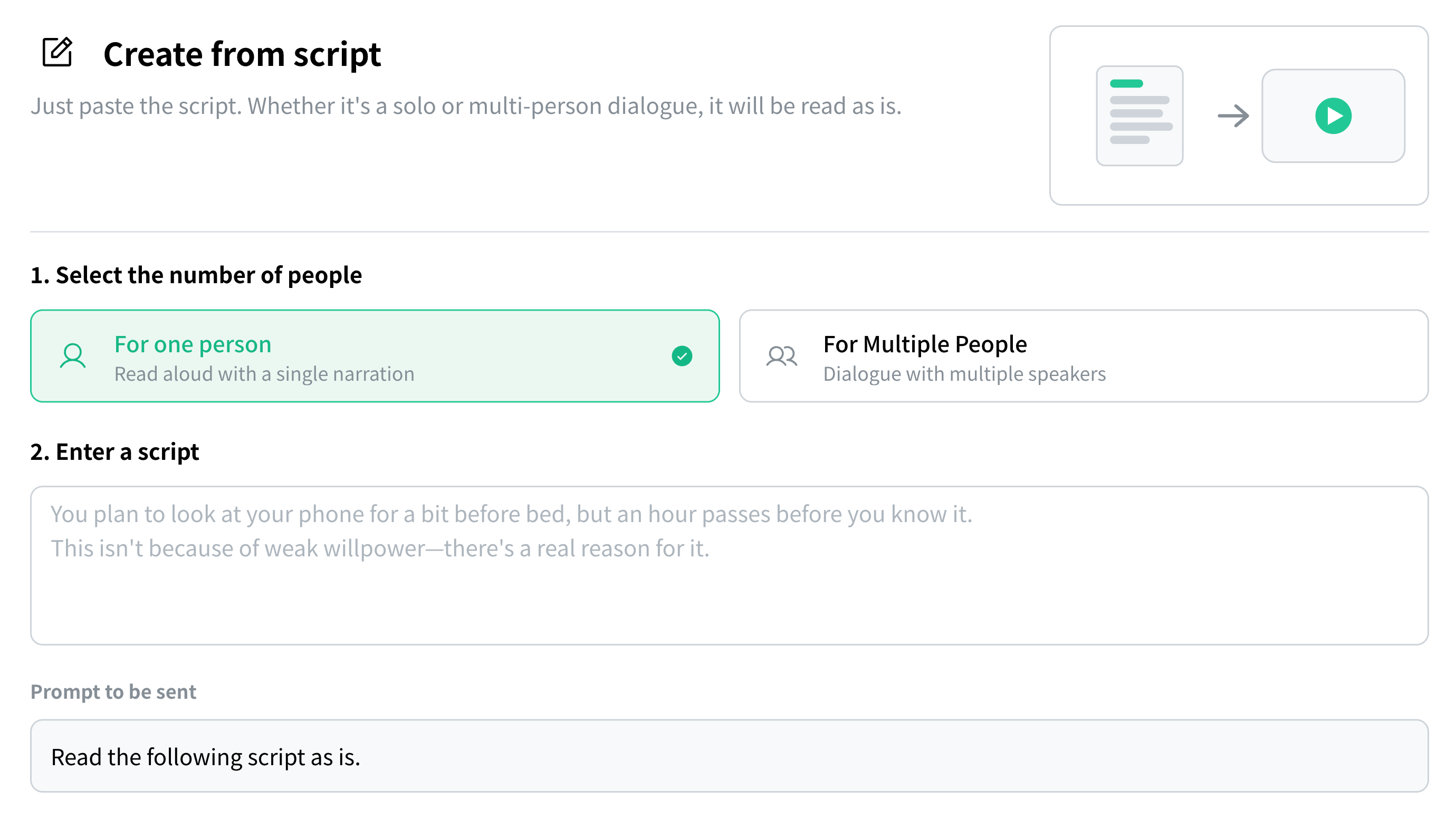 The "Create from script" screen. Choose the number of speakers and paste in your script