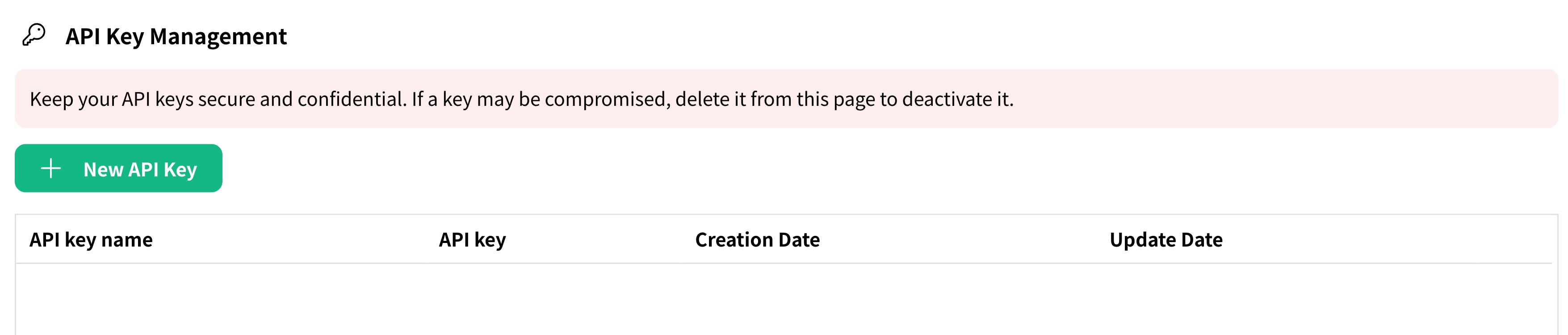 The “New API Key” button on the API key management screen