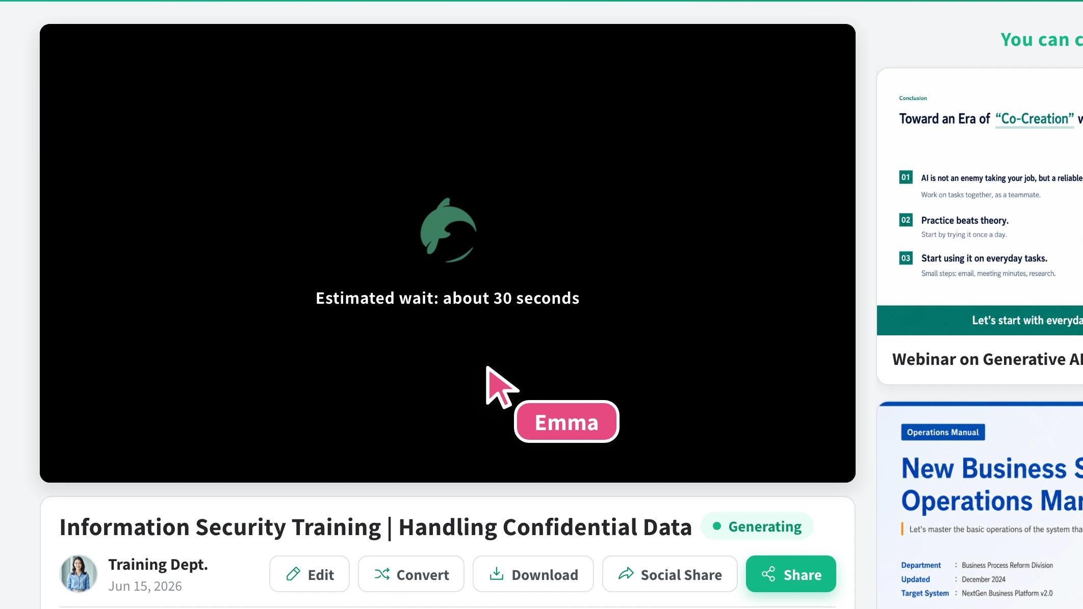 Screen for generating a video