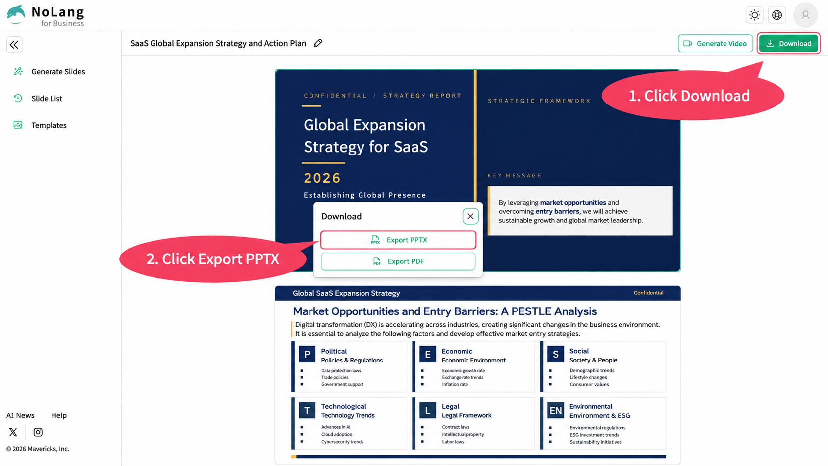 The PPTX export screen