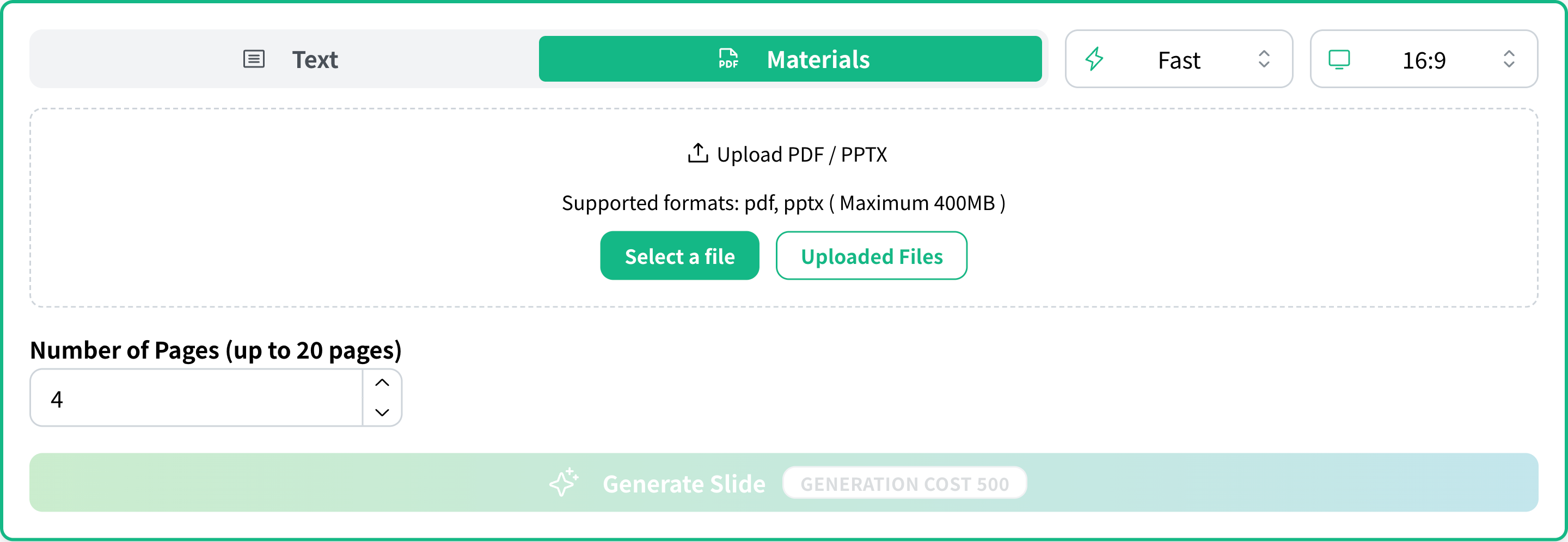 Add a PDF or PPTX file in the Materials tab