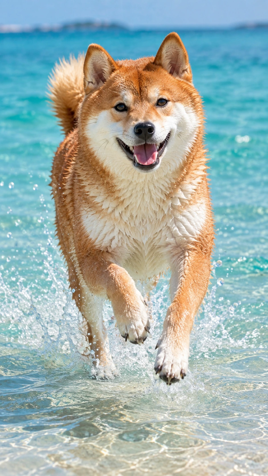 浅い海を走る柴犬の入力画像
