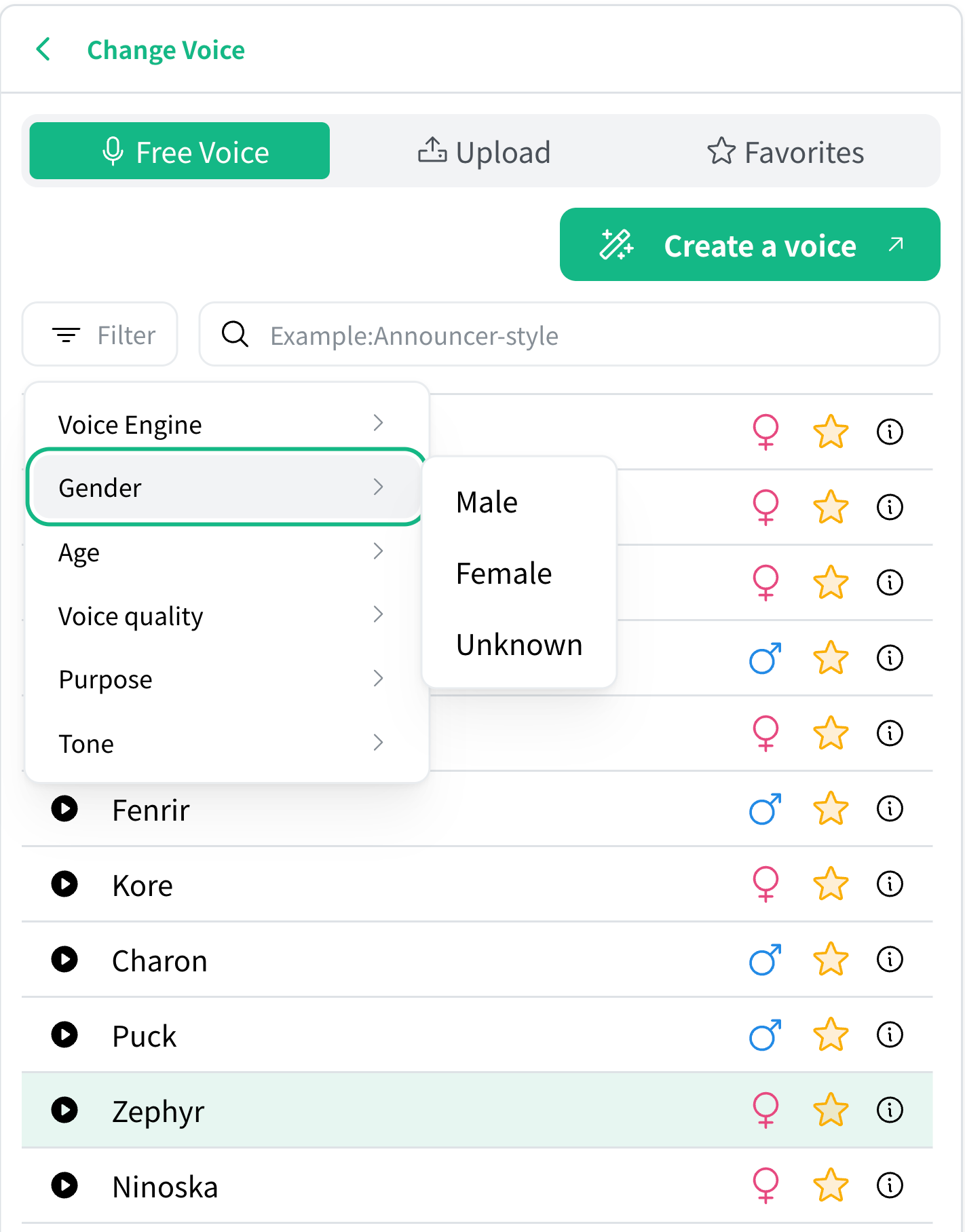 Filter voices to find one that suits your needs