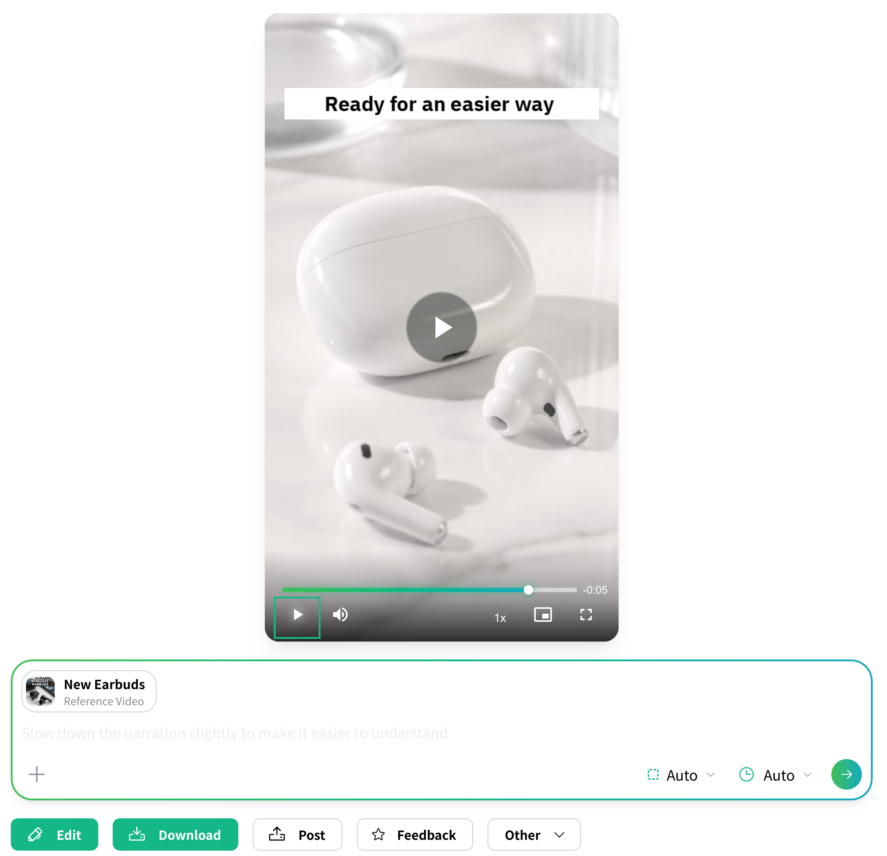 The viewing page where you can play and review the completed video