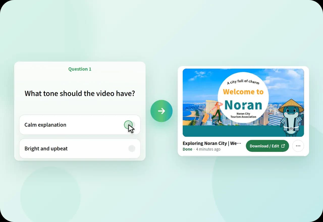 After answering the AI's question, “What tone should the video have?”, the finished video appears in the panel.