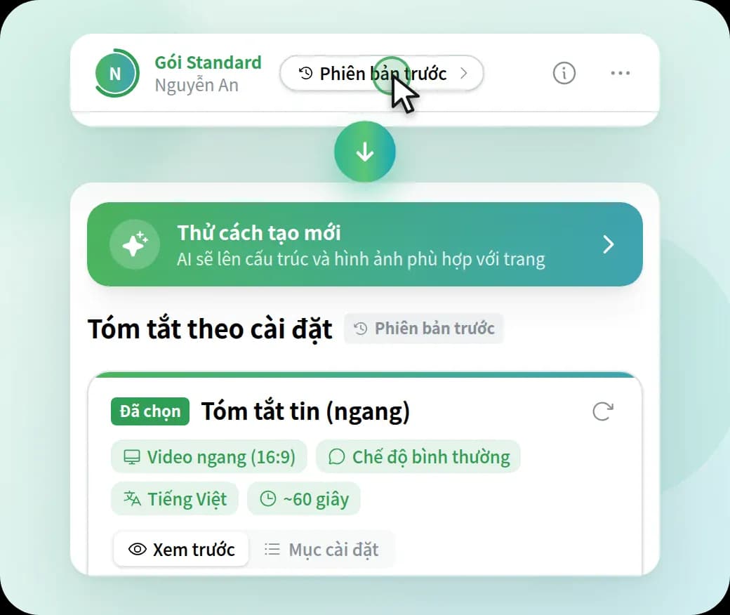 Nhấp vào “Phiên bản trước” trên thanh đầu trang để chuyển sang màn hình cài đặt video
