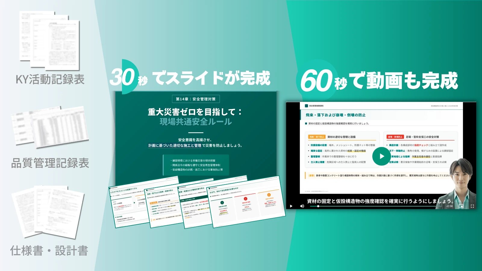 30秒でスライドが完成し60秒で動画も完成することを示す建設業向けスライド生成のデモ画像
